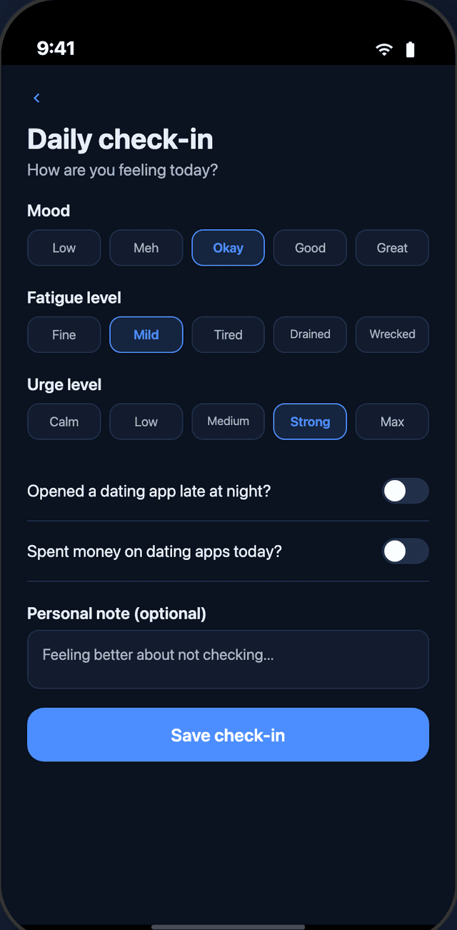 Unmatch daily check-in screen for tracking mood, fatigue, and urge levels